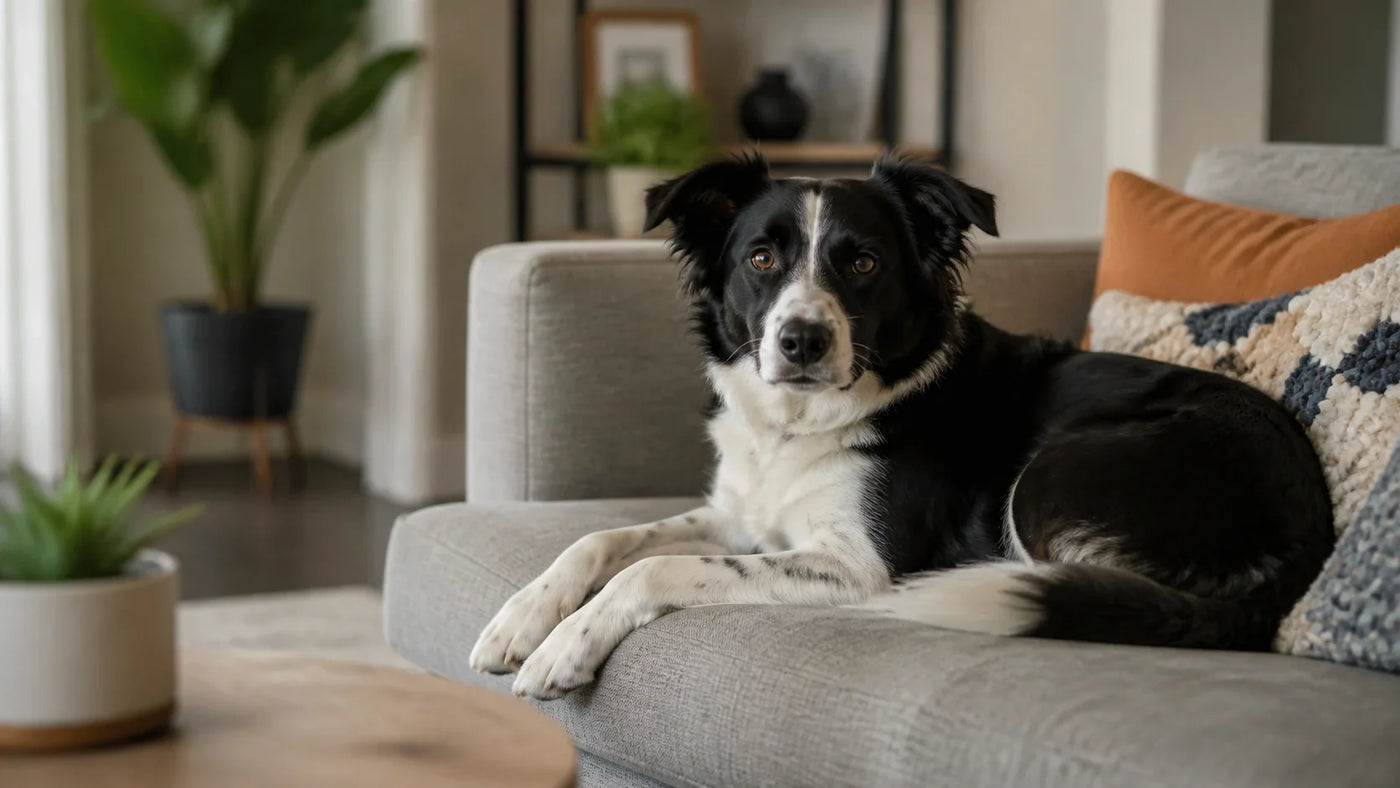 Dog resting on a couch in a living room.
