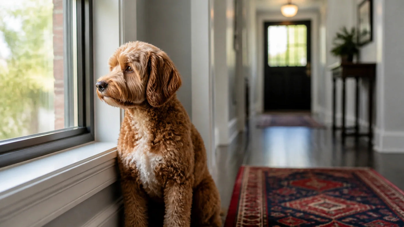 Dog looking out a window in a hallway.