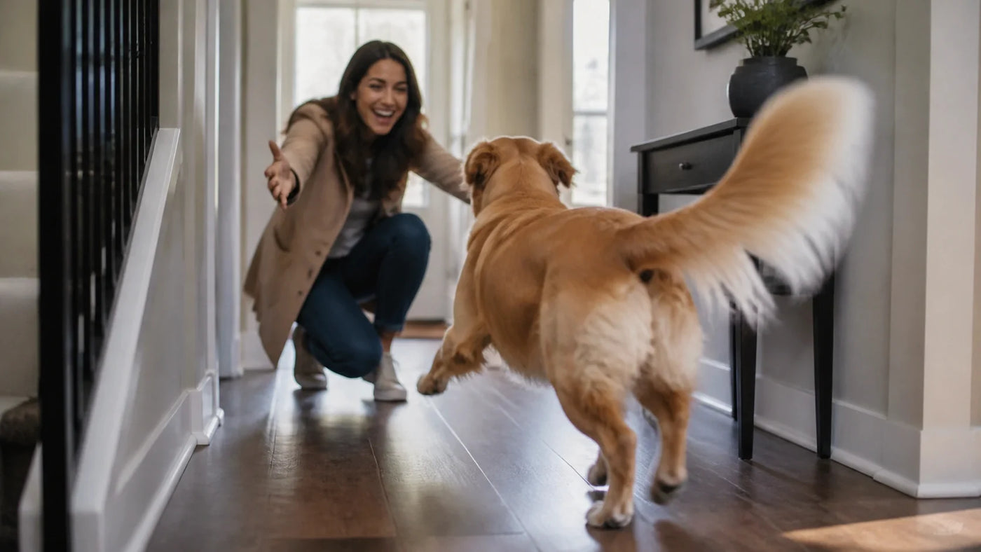 Dog greeting an owner in a hallway.