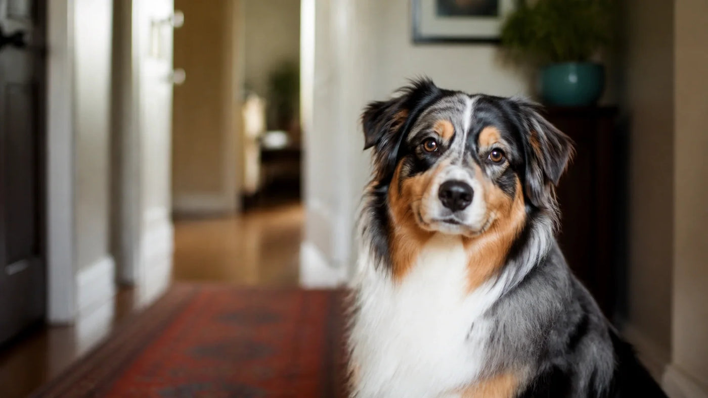 Dog posing for a portrait in a hallway.