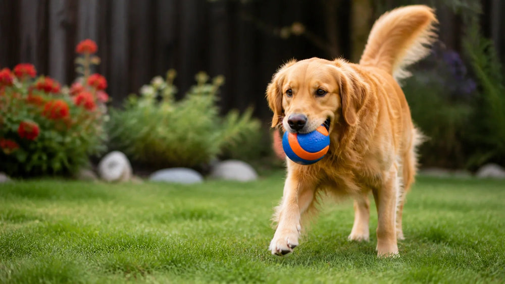 Dog playing with a toy in a backyard.