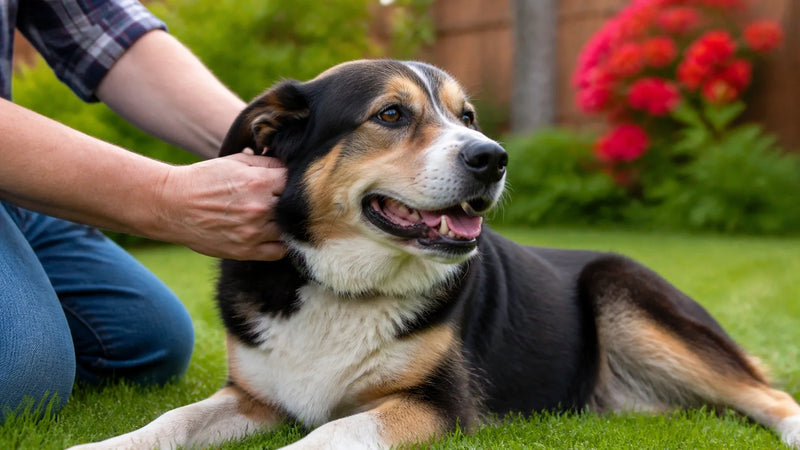 Dog being petted in a backyard.