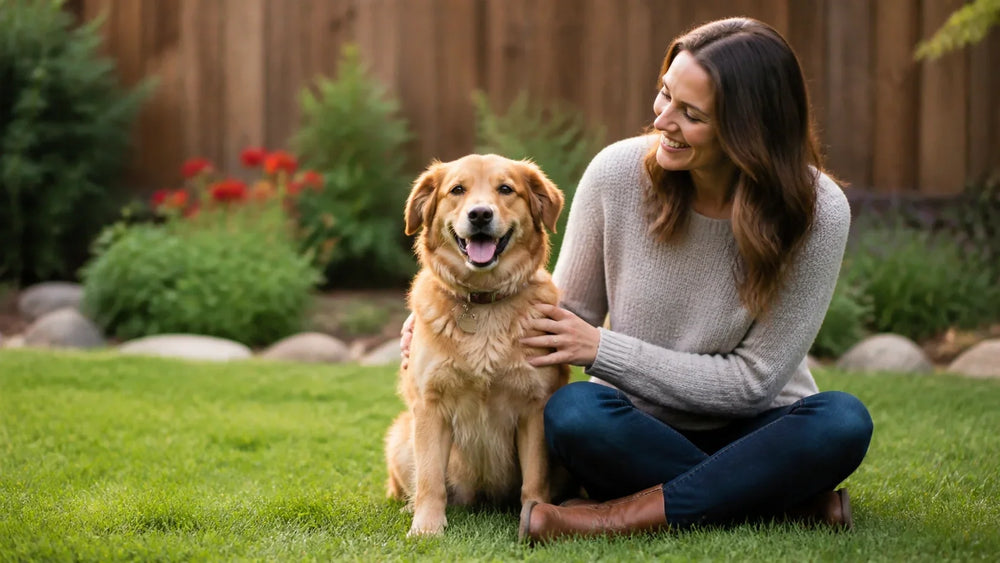 Dog sitting beside an owner in a backyard.