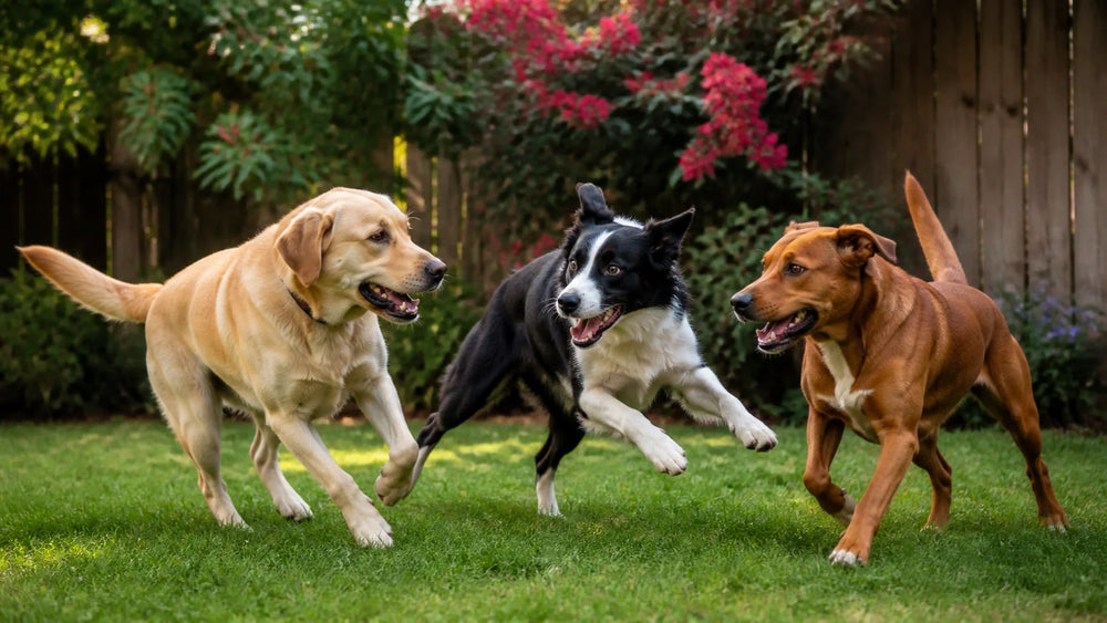 Dog playing with another dog in a backyard.