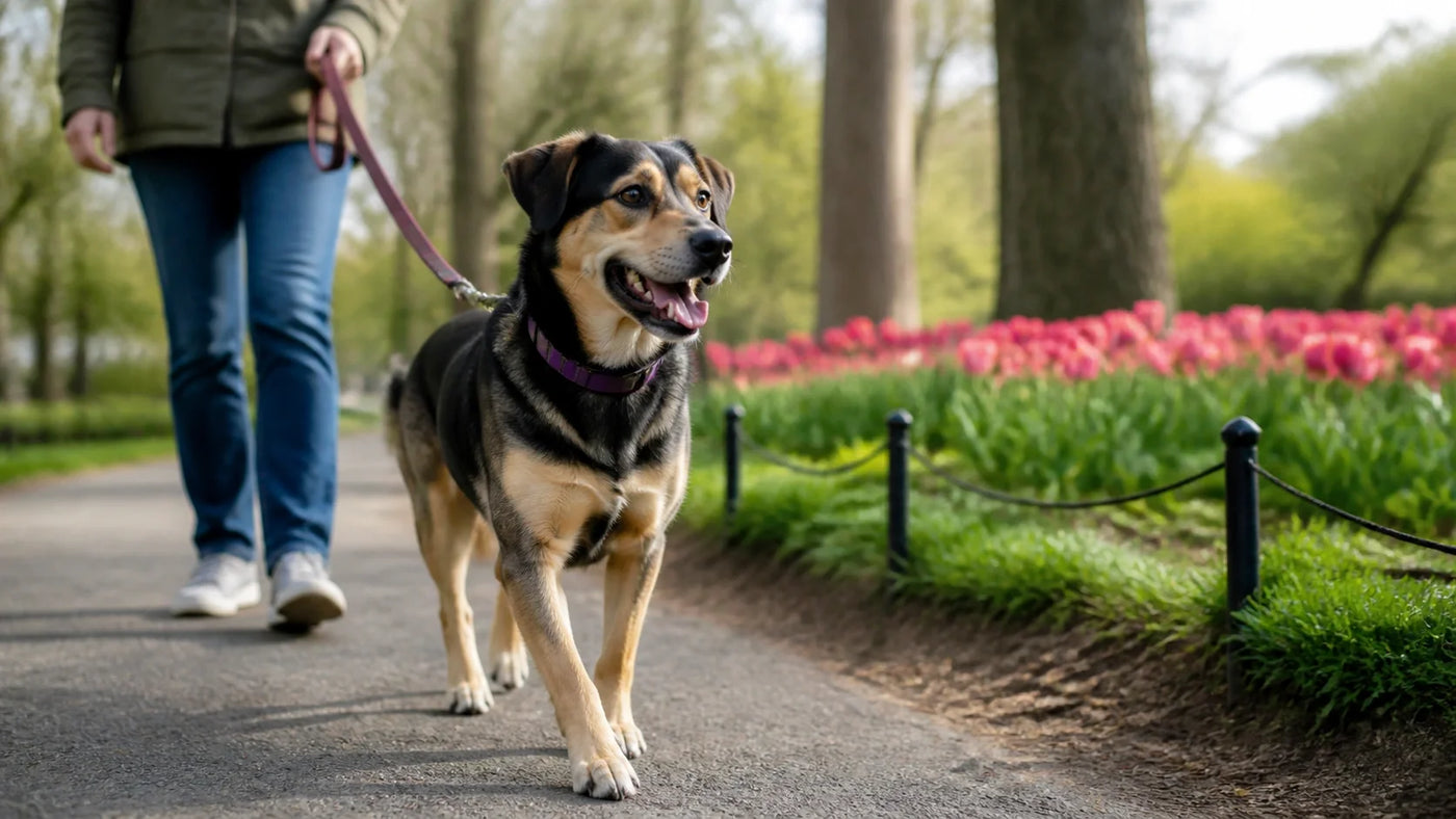 Dog going for a walk in a park.