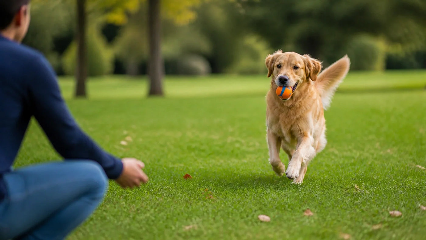 Dog playing fetch in a park.