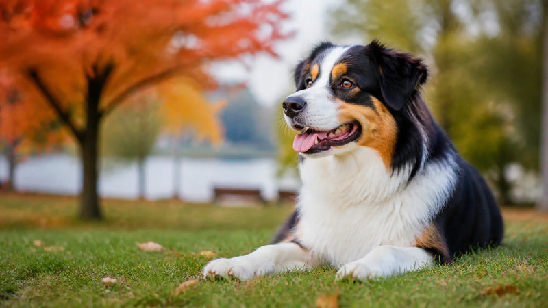 Dog relaxing outdoors in a park.