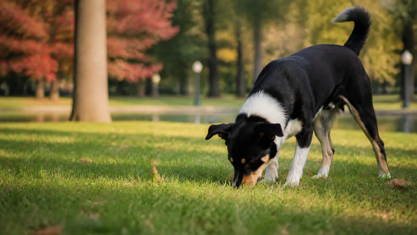 Dog sniffing the grass in a park.