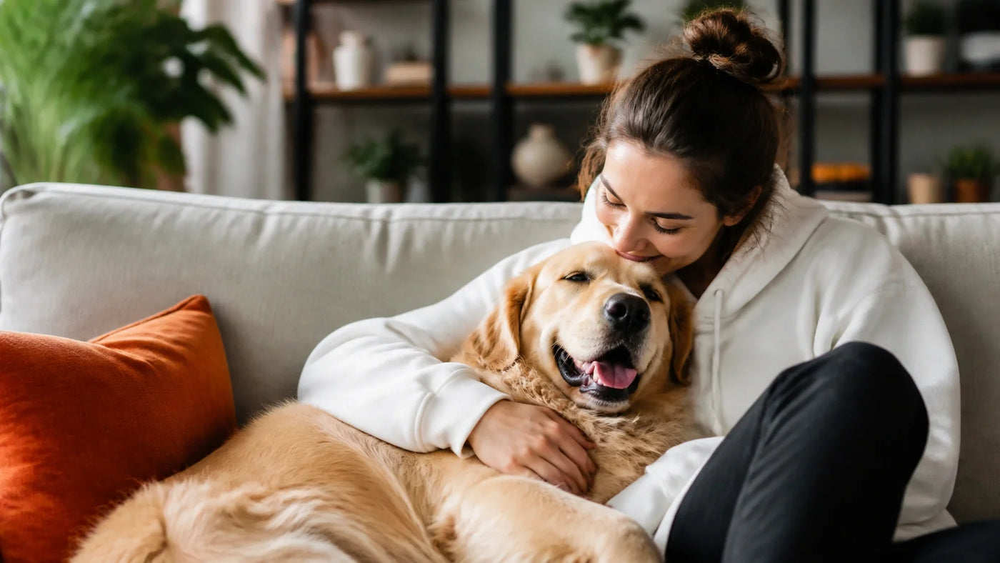 Dog cuddling with an owner in a living room.