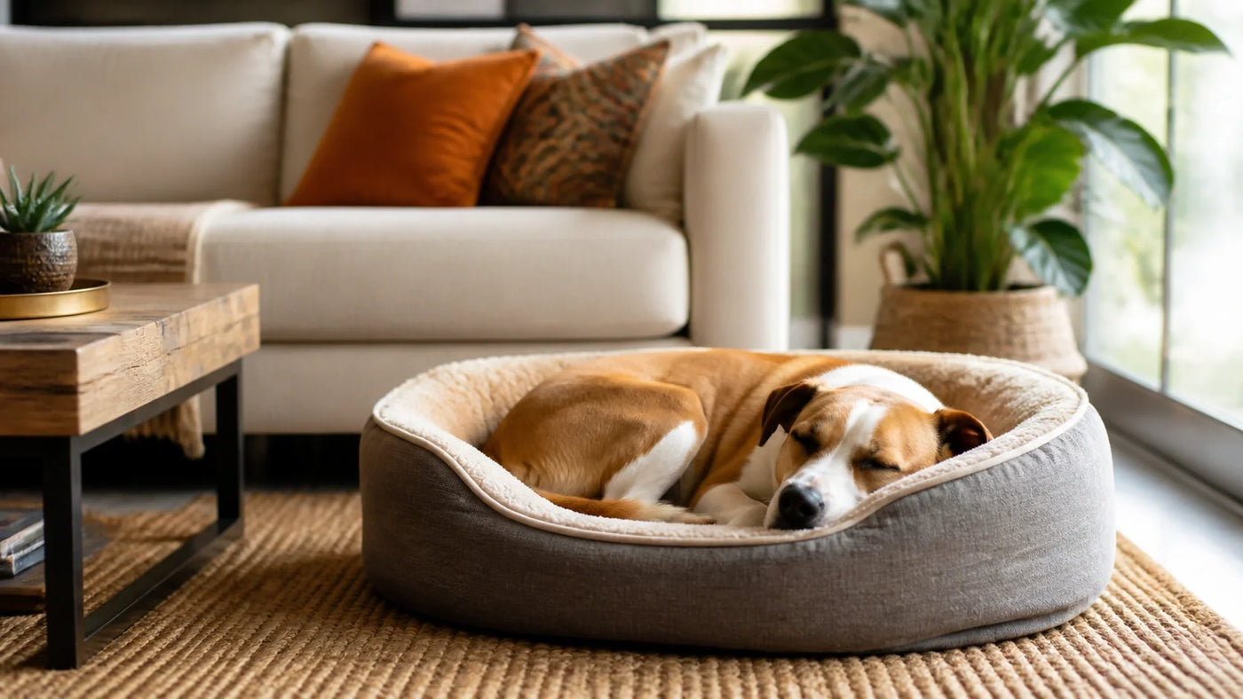 Dog sleeping in a dog bed in a living room.
