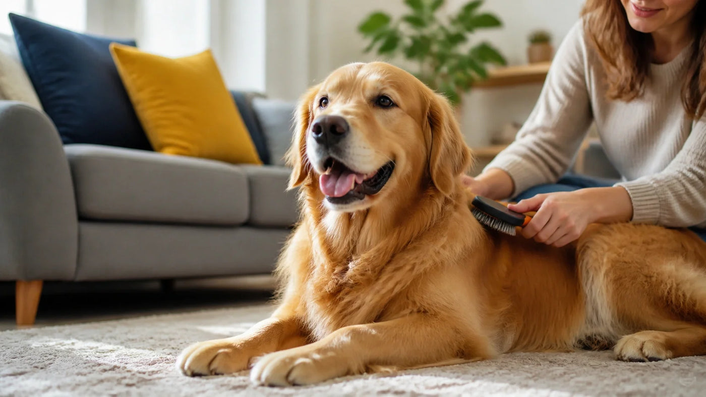 Dog being brushed in a living room.