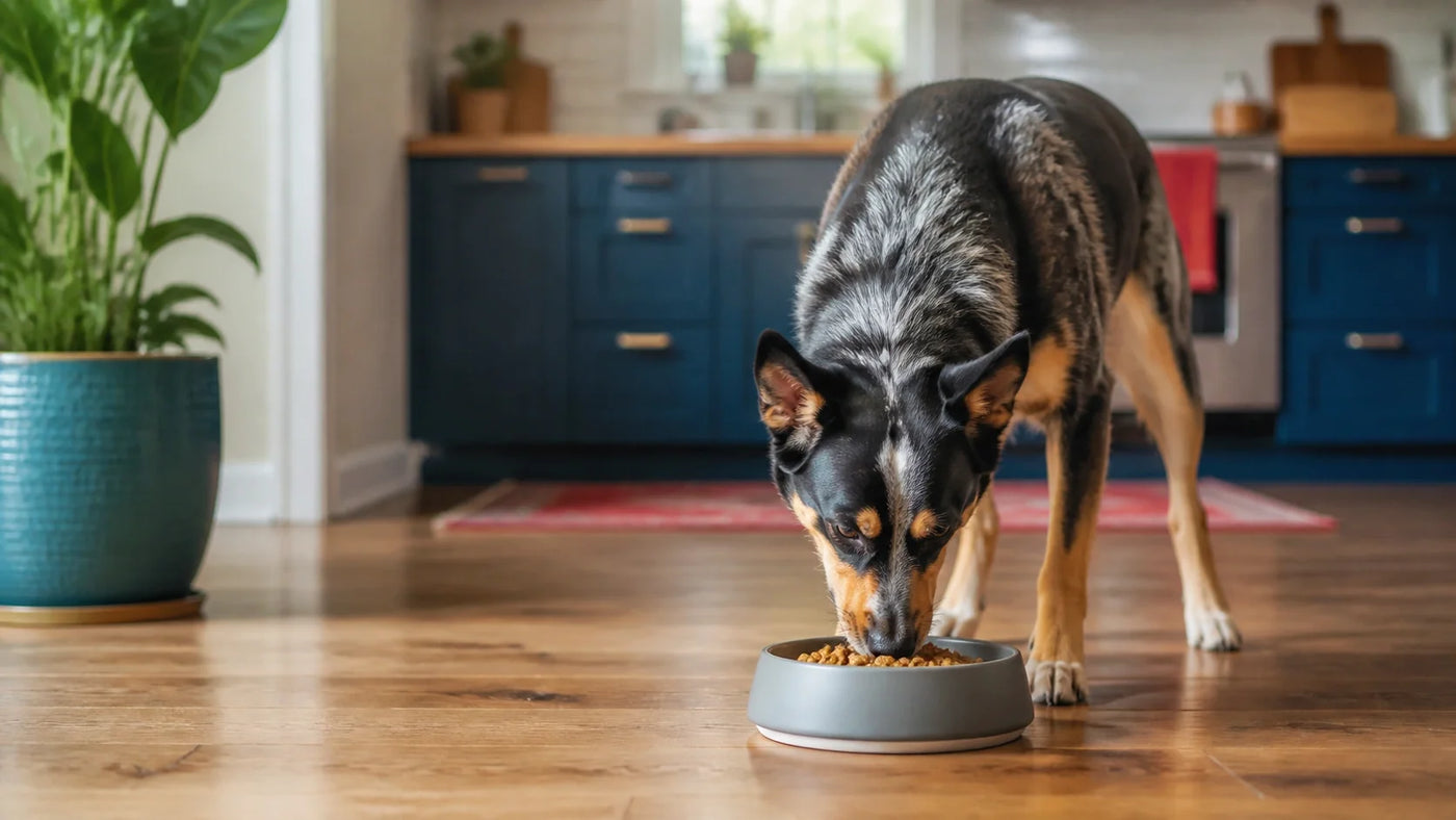 Dog eating dog food in a kitchen.