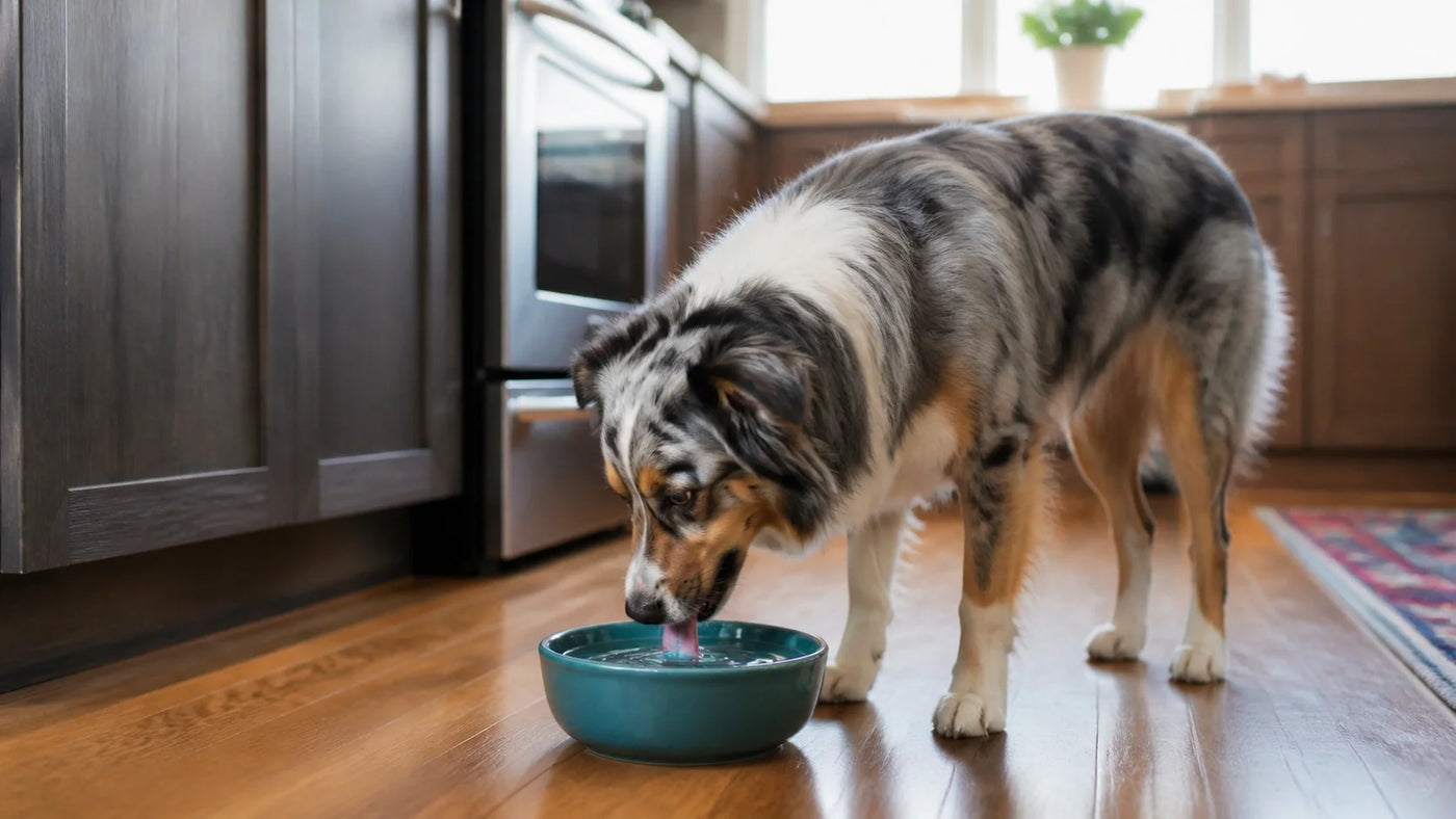 Dog drinking water in a kitchen.