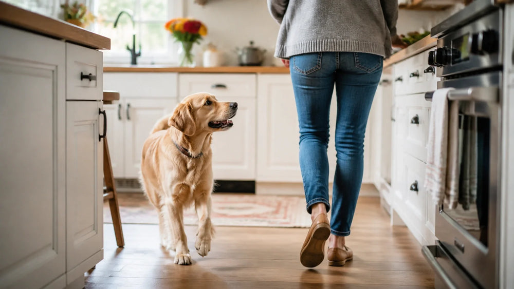 Dog following an owner in a kitchen.