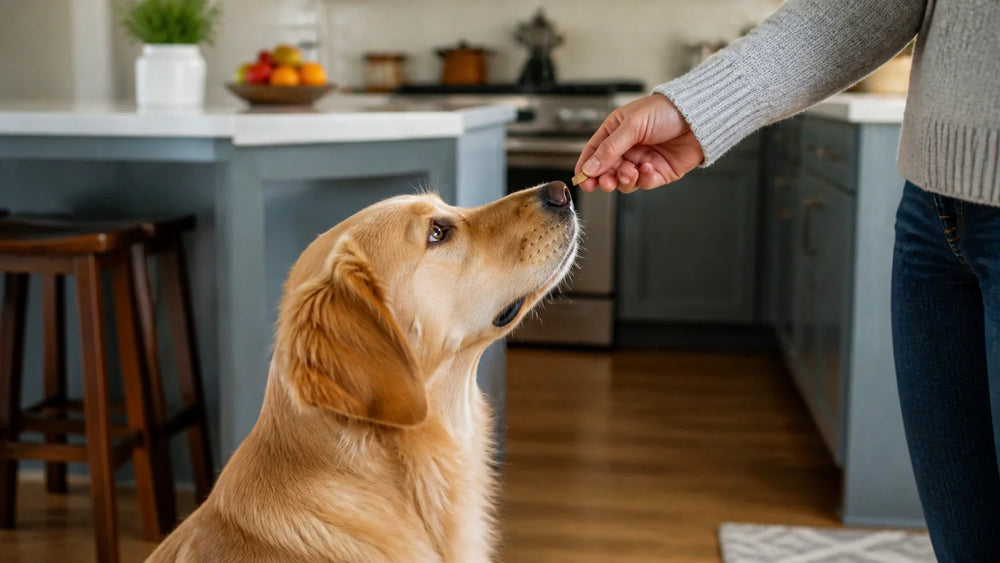 Dog receiving a treat in a kitchen.