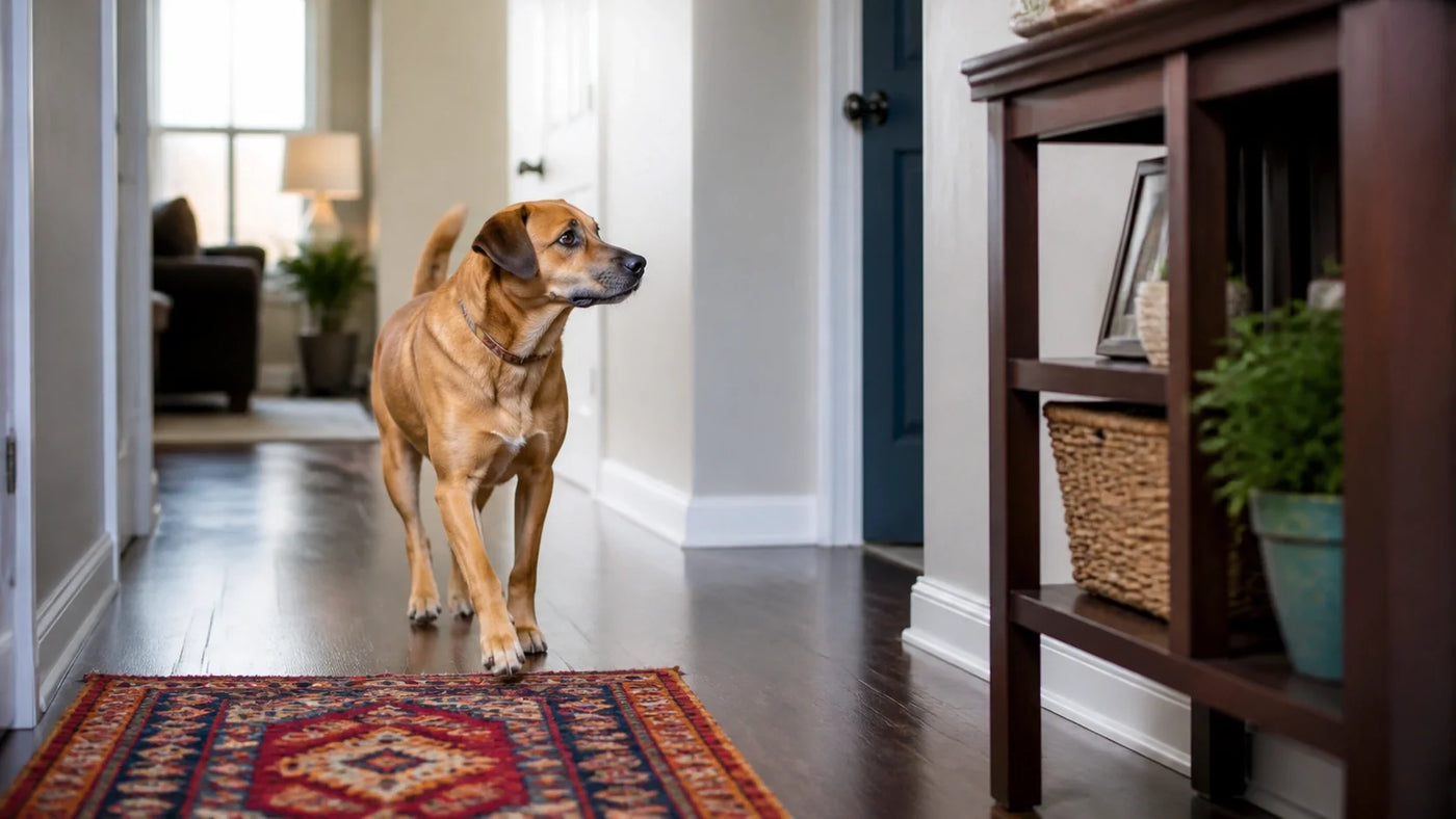 Dog exploring a new home in a hallway.